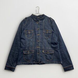 Y2K Lois Jeans Jacket Women's XL Dark Blue Military Style Denim Buttons Pockets